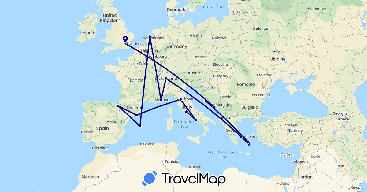 TravelMap itinerary: driving in Switzerland, Spain, France, United Kingdom, Greece, Croatia, Italy (Europe)